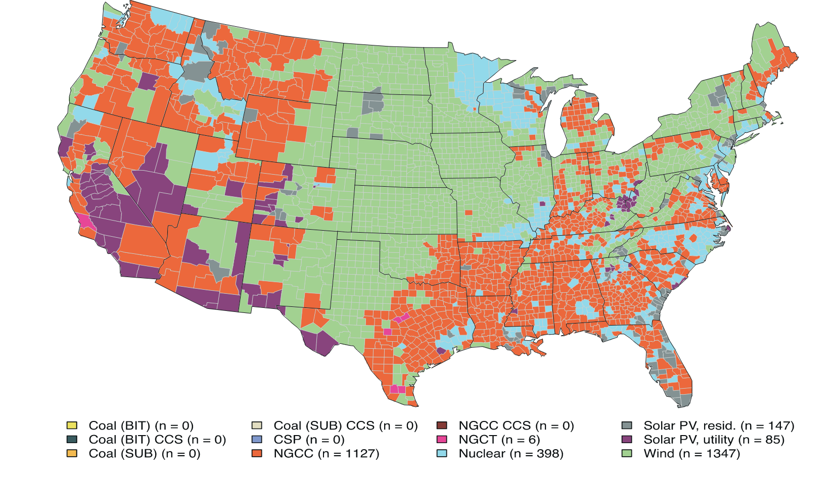 2. Minimum LCOEs around the USA. "Minimum cost technology for each county, including externalities (air emissions and CO2 ), restrictions via assumed availability zones, and
reference case assumptions for capital and fuel costs. Numbers in legend refer to the number of counties in which that technology is the
lowest cost."[1a]